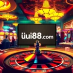 Experience the excitement of gambling at uu88.com with players engaging at a roulette table surrounded by vibrant casino lights.
