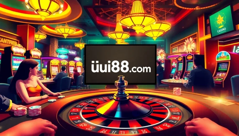 Experience the excitement of gambling at uu88.com with players engaging at a roulette table surrounded by vibrant casino lights.