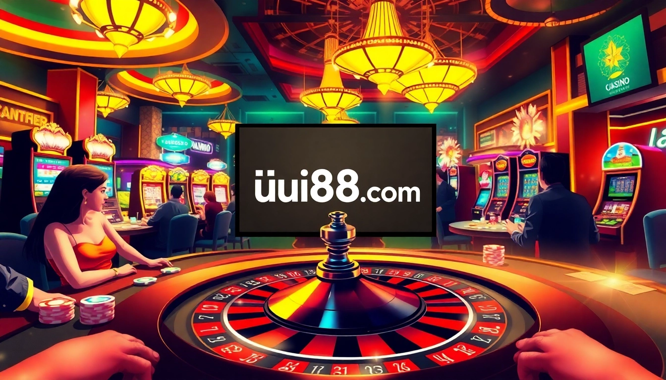 Experience the excitement of gambling at uu88.com with players engaging at a roulette table surrounded by vibrant casino lights.