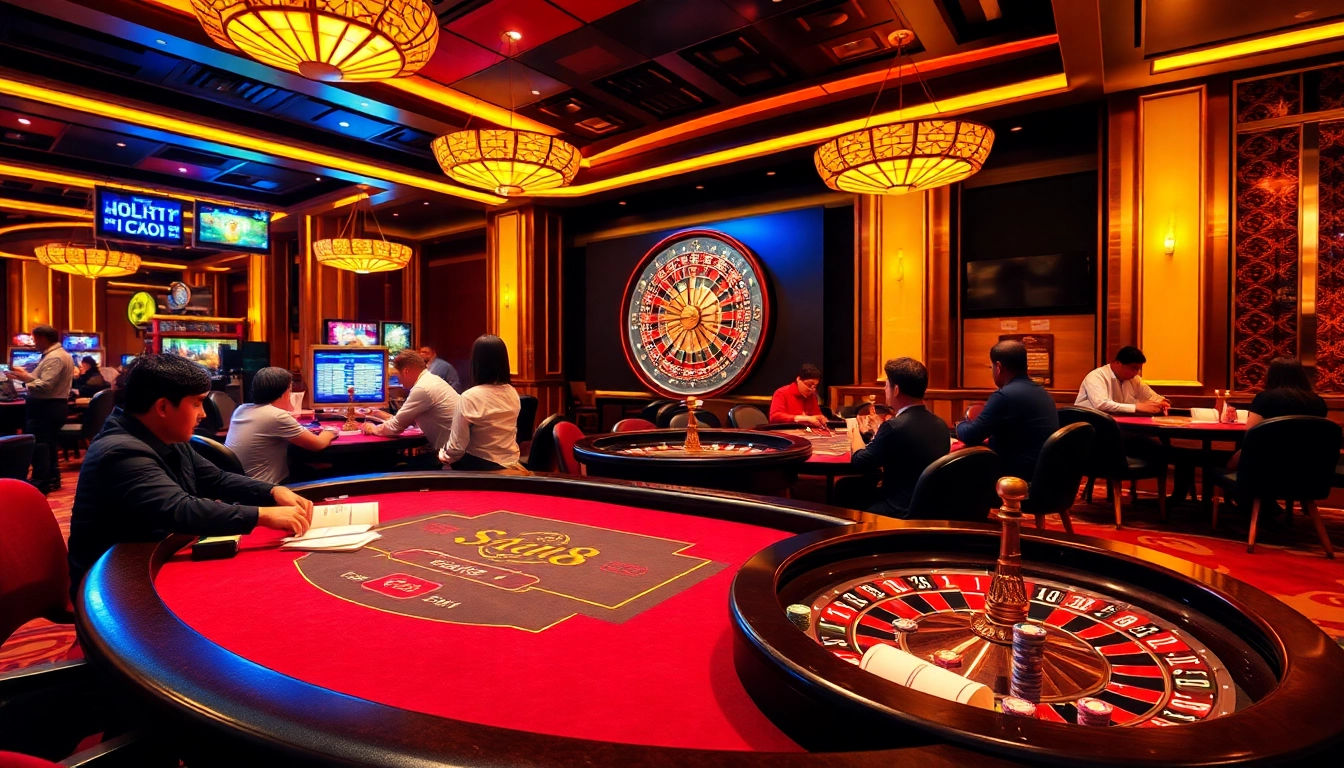 Gamble at nhà cái Go8 with vibrant casino activities, featuring poker, roulette, and thrilling betting moments.