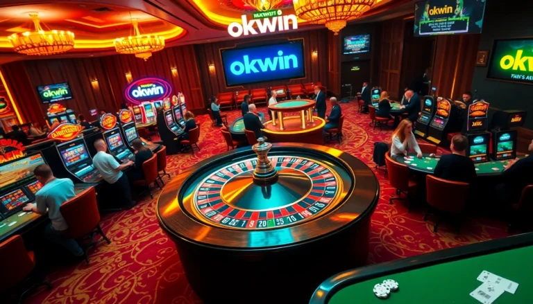 Experience the thrill of gambling at an 'okwin' casino with lively players and vibrant roulette action.