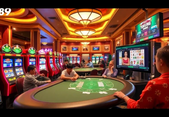 Experience the excitement at tại 789win with players enjoying poker and vibrant slot machines.