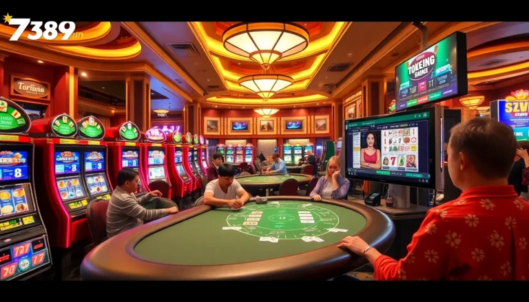 Experience the excitement at tại 789win with players enjoying poker and vibrant slot machines.