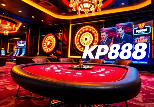 Experience the thrill of gaming at a casino with kp88 link, featuring vibrant poker tables and roulette wheels.