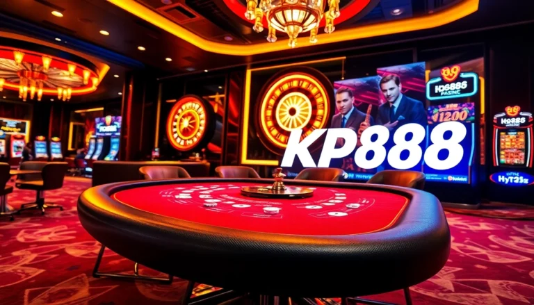 Experience the thrill of gaming at a casino with kp88 link, featuring vibrant poker tables and roulette wheels.